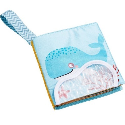 Livro de tecido para bebés com baleia azul e alça azul com padrão ondulado