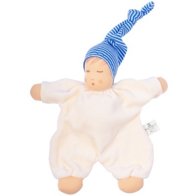 Boneco de peluche macio com corpo branco e gorro azul listrado