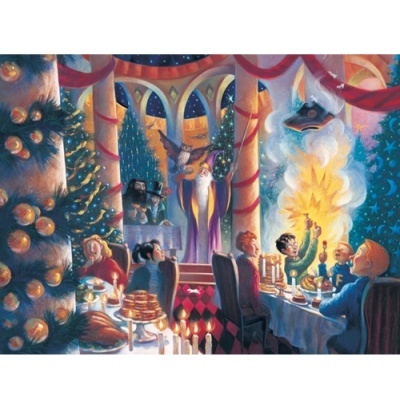 Ilustração de festa de Natal com pessoas, árvore decorada e chama luminosa