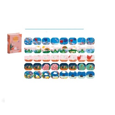 Jogo de cartas ilustradas coloridas e caixa rosa sobre fundo branco