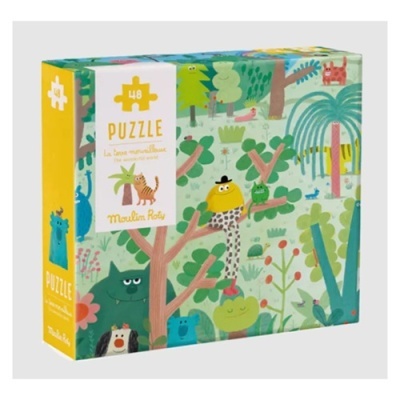 Caixa de puzzle infantil Moulin Roty com ilustração de animais e plantas coloridas