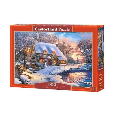 Quebra-cabeças Castorland Winter Cottage com 500 peças e imagem de chalé de inverno nevado.