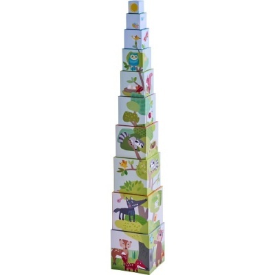 Conjunto de caixas empilhadas com imagens de animais da floresta