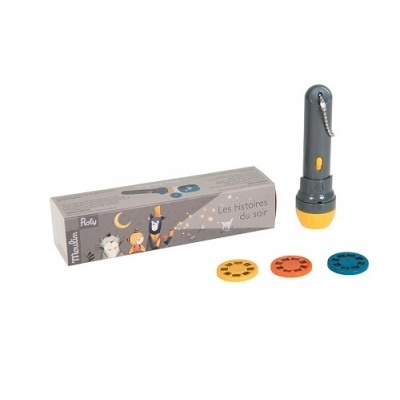 Lanterna infantil com três discos e caixa ilustrada em fundo branco