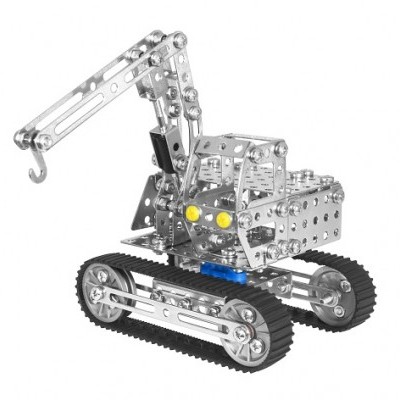 Modelo metálico articulado com rodas de correia preta e luzes amarelas