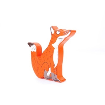 Caixa metálica em forma de raposa laranja com detalhes brancos e cinza