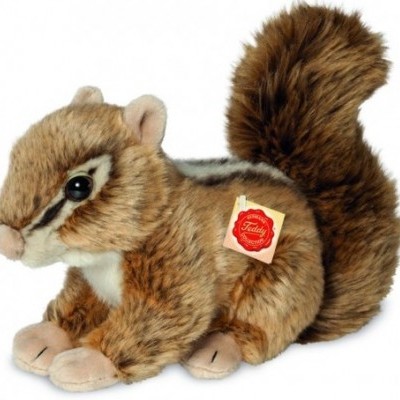 Pelúcia de esquilo castanho com cauda felpuda e etiqueta Teddy