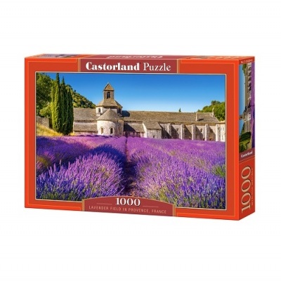 Caixa de puzzle com imagem de campo de lavanda e edifício rústico