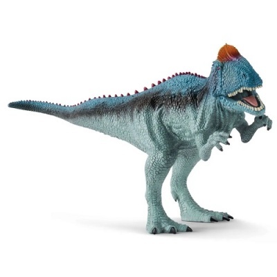 Figura de dinossauro azul com crista alaranjada e espinhos vermelhos