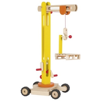 guindaste brinquedo madeira amarelo com rodas pretas e corda