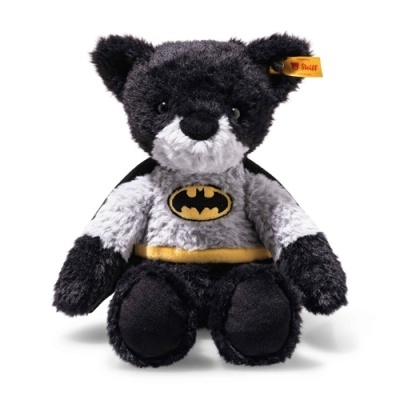 Pelúcia ursinho Steiff Batman preto e cinza com capa e emblema