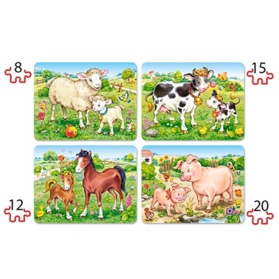 Quatro puzzles infantis com animais da quinta e número de peças.