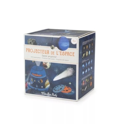 Caixa de projetor espacial com imagens de planetas e estrelas