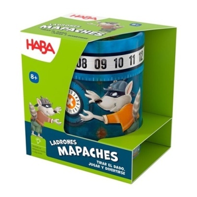 Jogo infantil Ladrones Mapaches da HABA numa embalagem verde e azul com imagens de guaxinins e cilindro azul numerado