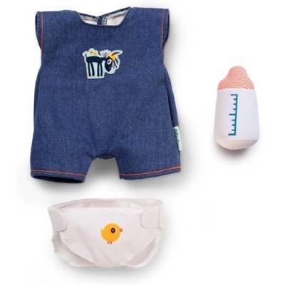 Conjunto infantil azul de ganga, fralda branca com pintainho e mamadeira branca com tampa rosa