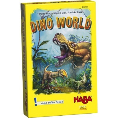 Embalagem amarela do jogo DINO WORLD com ilustração de dinossauros