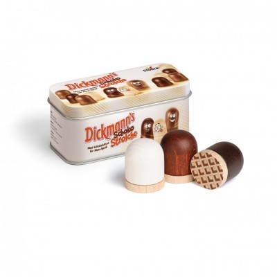 Conjunto de carimbos de madeira e caixa metálica Dickmann's