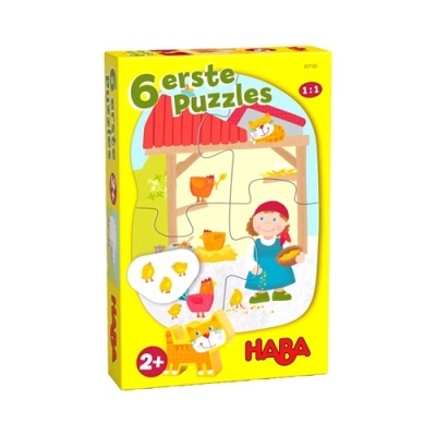 Caixa amarela de puzzles infantis com ilustrações de galinha e menina
