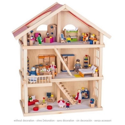 Casinha de bonecas de madeira com três andares e mobiliário