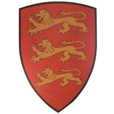 Escudo vermelho com três leões dourados e contorno preto