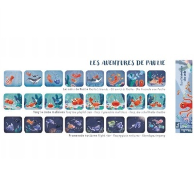 Conjunto de peças para jogo infantil com personagens marinhos e texto multilíngue