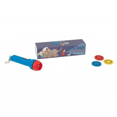 Lanterna infantil azul com botão vermelho e discos de projeção coloridos