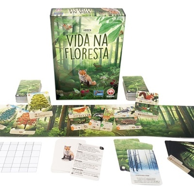 Jogo de tabuleiro 'Vida na Floresta' com cartas e tabuleiro ilustrados com tema de floresta
