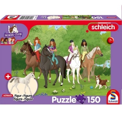 Caixa de puzzle Schleich Horse Club com cinco cavaleiros e um cão em fundo de floresta