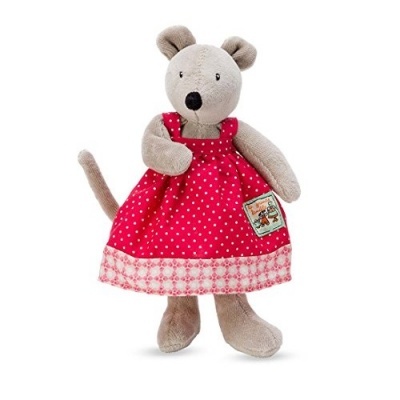 Boneco de pelúcia em forma de rato com vestido vermelho às bolinhas brancas