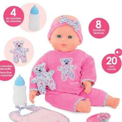 Boneca bebé com pijama rosa e acessórios de bebé incluídos