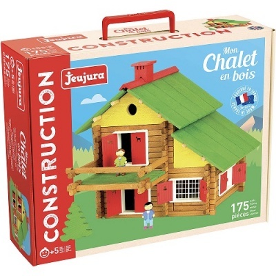 Caixa de construção Jeujura casa de madeira com telhado verde e portas vermelhas