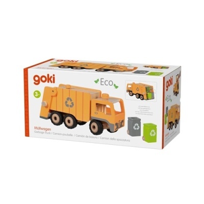 Brinquedo de camião de lixo de madeira laranja com símbolo de reciclagem e dois contentores de lixo, em caixa da marca goki.