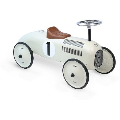 Carro de brinquedo clássico branco com volante e banco marrom