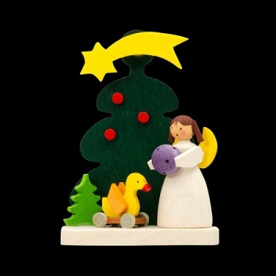 Figura decorativa de Natal em madeira com anjo, árvore, pato e estrela amarela