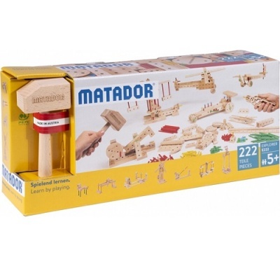 Conjunto de construção Matador Explorer com 222 peças em madeira clara e martelo de madeira