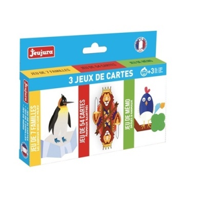 Caixa de jogo de cartas Jeujura com imagens de pinguim, rei de copas e galinha