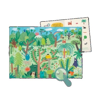 Puzzle infantil de floresta com lupa azul