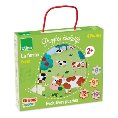 Caixa verde de puzzles evolutivos Vilac La ferme, 4 puzzles de madeira para crianças 2+ anos, com alça vermelha