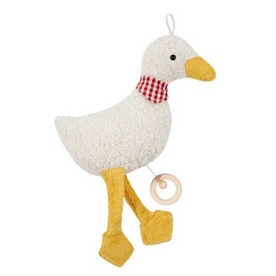 Peluche de pato branco com bico e patas amarelas e lenço vermelho às riscas