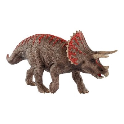 Estátua de dinossauro Triceratops com detalhes vermelhos