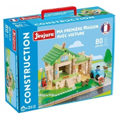 Caixa de construção Jeujura com casa em madeira e carro azul
