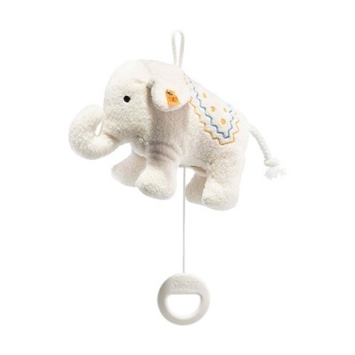 Elefante de peluche branco felpudo com detalhes bordados e argola suspensa