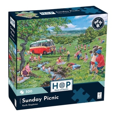 Caixa de puzzle HOP Sunday Picnic com 500 peças e imagem de piquenique colorido
