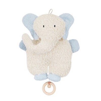 Pelucho de elefante branco e azul com anel de madeira
