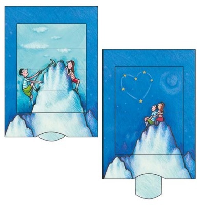 Ilustrações de casal em montanhas nevadas durante o dia e noite