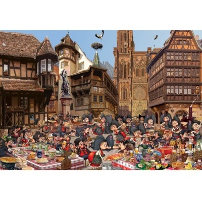 Ilustração de praça antiga com pessoas em trajes vermelhos e pretos a comer em mesas com comida