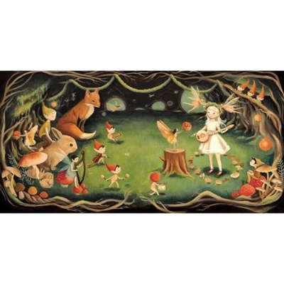 Ilustração de menina com violão, fadas, raposa, coelho e elfos em floresta