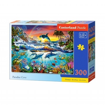 Caixa de quebra-cabeças Castorland Puzzle 300 peças com imagem colorida de recife e golfinhos.
