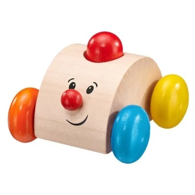 Brinquedo de madeira colorido com rosto sorridente e rodas em várias cores