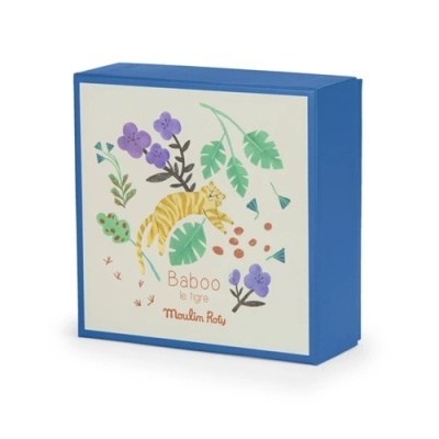 Caixa de presente azul com ilustração de tigre e flores